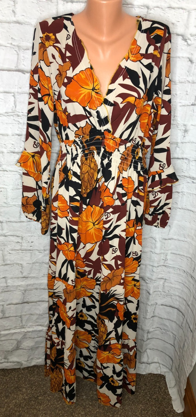 Melloday Tiered Satin V Neck Maxi Dress Sz XL in Brown Orange Floral